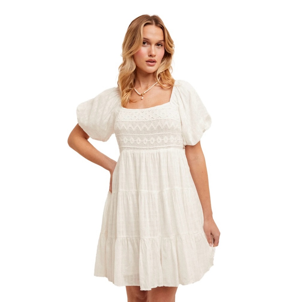 Hem & Thread Medium White Crochet Contrast Tiered Puff Sleeve Babydoll Dress